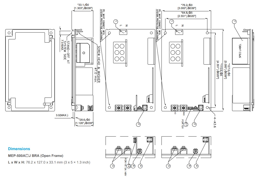 Mechanical Drawing - Delta Electronics MEP-500A Medical/Industrial AC-DC Power Supplies